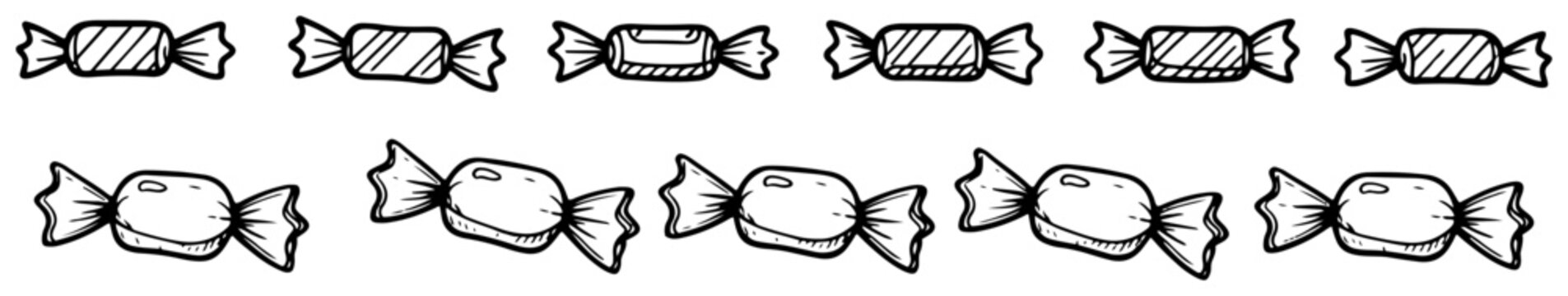 Wrapped candies and bonbons horizontal borders in hand drawn doodle style