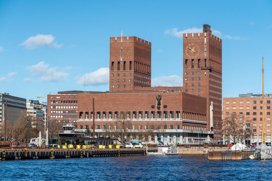Oslo City Hall Radhus in Oslo, Norway. View from across the water.