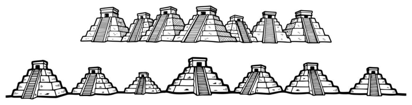Ancient temple pyramids arranged in horizontal decorative lines hand drawn doodle style