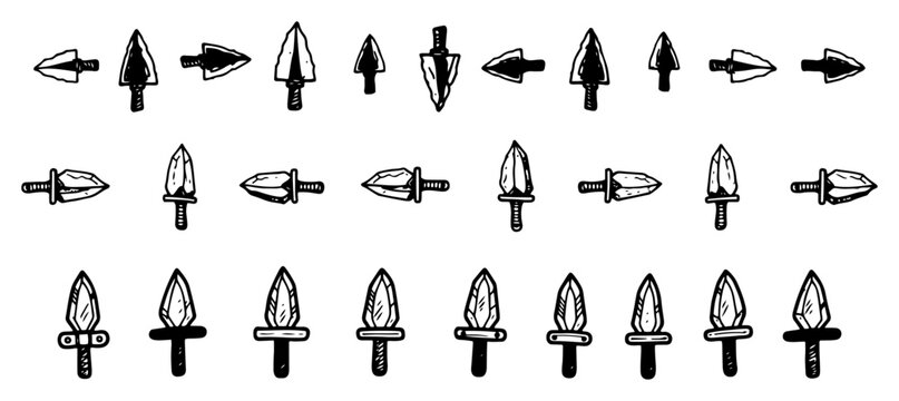 Prehistoric flint arrowheads and stone daggers collection hand drawn sketch style