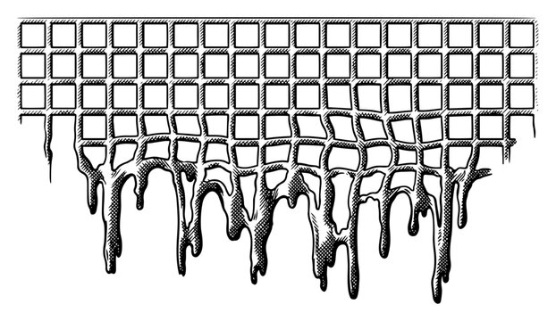 Melting dripping grid net pattern forming liquid drops in vintage engraving style