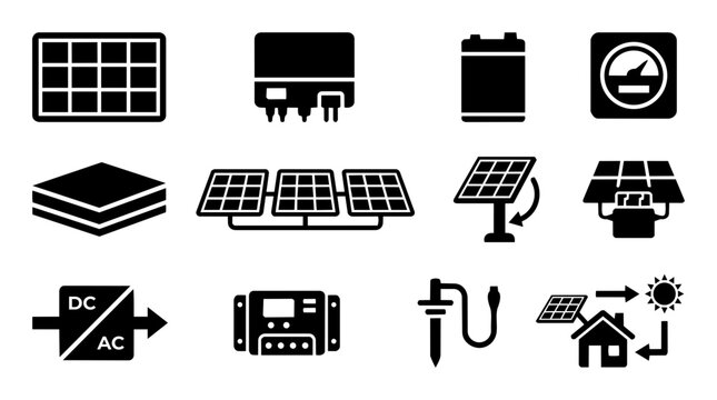 Solar Energy System Components Silhouette Icon Set &ndash; Panel, Inverter, Battery, Energy Flow