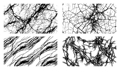 Cracked earth marble stone and tangled rope texture set in hand drawn engraving style © Anna