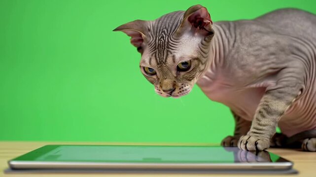 Sphynx Cat Interacting with Digital Tablet on Green Screen Background in Studio Setting