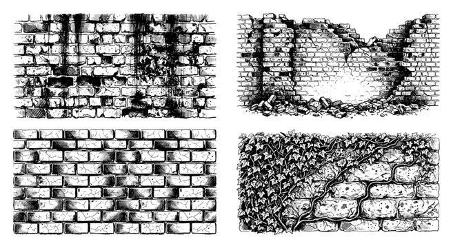 Brick wall textures collection featuring crumbling ruins and ivy covered stone surfaces in hand drawn engraving style