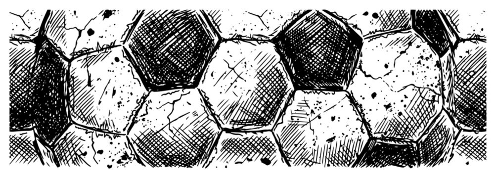 Soccer ball surface pattern showing hexagonal panels and worn textures in vintage engraving style