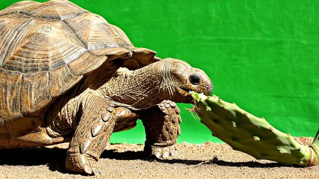 Tortoise Feeding on a Cactus Pad with Vibrant Green Background in Natural Habitat