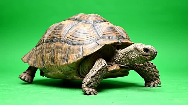 Tortoise Walking on Green Screen Background Showcasing Textured Shell and Slow Movement