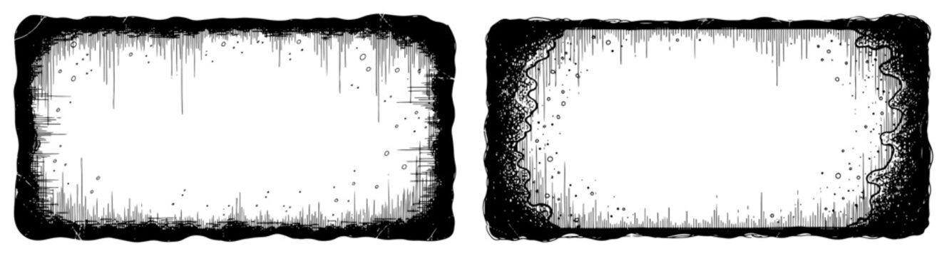 Rectangular grunge frames with textured fuzzy borders and dirty edges in hand drawn ink style