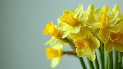 Obraz premium Bright and vibrant yellow daffodils blooming with soft petals against a muted green background symbolizing spring and renewal in nature