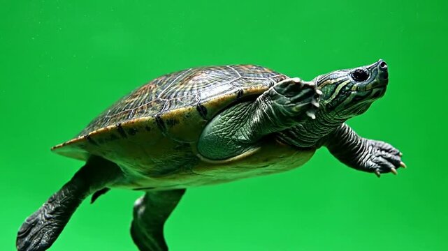 Underwater Shot of a Turtle Swimming Gracefully Against a Vibrant Green Background