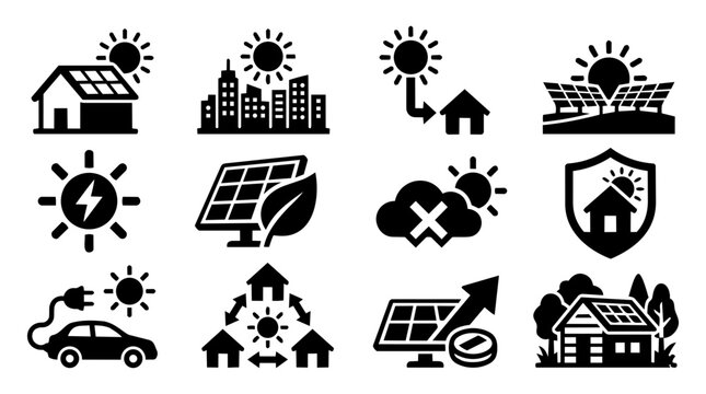 Solar Energy and Sustainability Silhouette Icon Set &ndash; Renewable Power, Green Energy, Solar Concepts