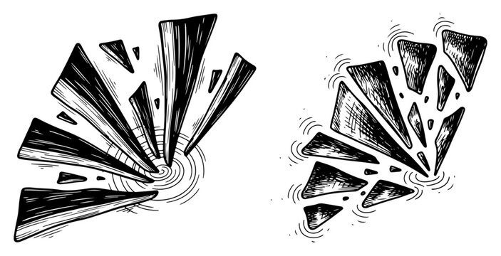 Shattering shards and fragments bursting from center point in vintage hatching style