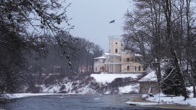 Joa manor in Estonia during winter, scenic view of the historic landmark on a cold day