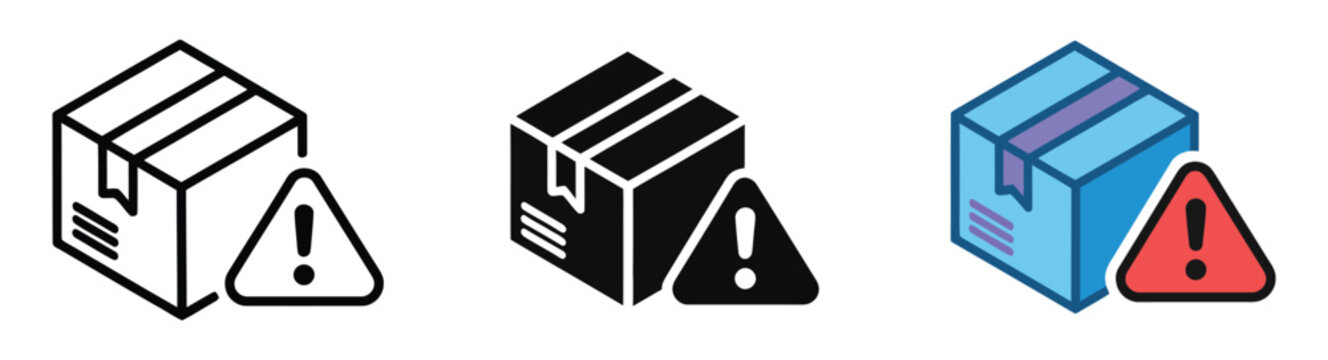 Shipping box with warning alert icon set featuring delivery package symbol, exclamation mark, fragile items caution, logistics error, and shipment safety vector