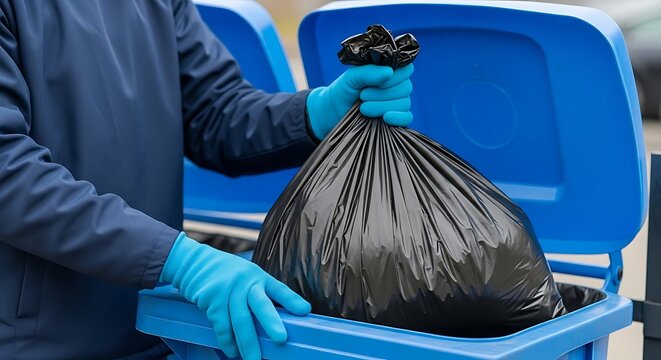 Person in blue gloves disposing of a full black trash bag into a blue bin.