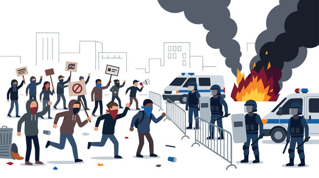 Protesters with signs and a burning car face riot police positioned behind barricades in an urban setting.