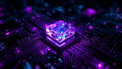Fototapeta premium Futuristic crystal processor glowing on high tech circuit board macro
