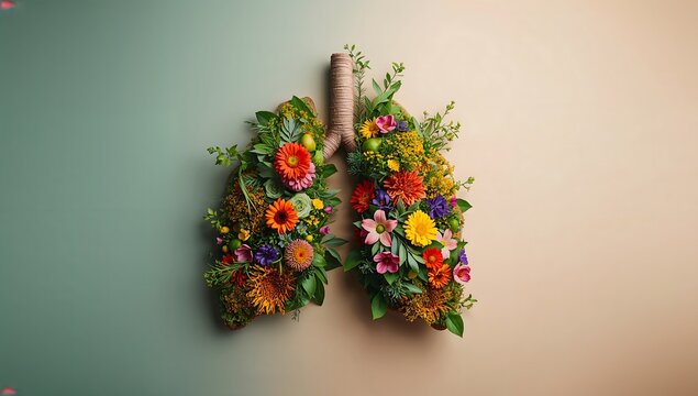 Human lungs shape made of colorful flowers and green leaves
