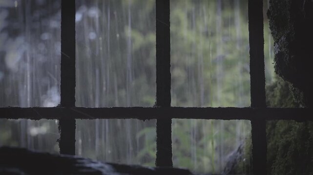 Behind medieval Prison bars with rain outside 4k
