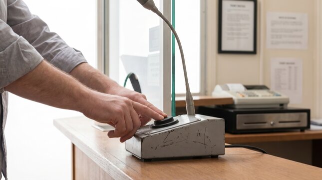 Customer or employee hands pressing a button on a desktop microphone intercom at a service counter