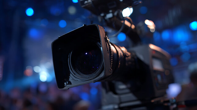 Professional video camera lens focus on blurry background lights, capturing broadcast, event, or media production atmosphere