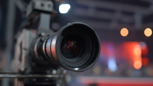 Professional Broadcast Video Camera Lens Close-Up with Blurry Stage Lights in Background, Television Production Equipment Spotlight