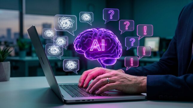 Understanding AI errors and false generated content in artificial intelligence systems. Professional reviewing AI outputs on computer.