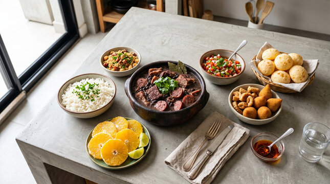 Brazilian food spread with feijoada, cheese bread and traditional snacks