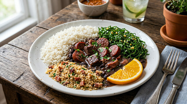 Traditional Brazilian Feijoada plate with rice, farofa and collard greens