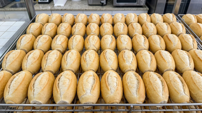 Freshly baked Brazilian French bread rolls on a professional cooling rack