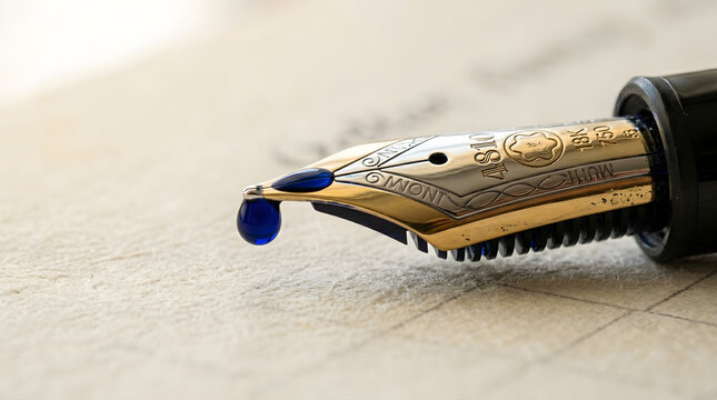 Close up of a fountain pen nib with a single drop of deep blue ink on textured paper