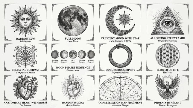 Celestial Spiritual Symbols with Latin Names &mdash; Sol Radians Luna Plena Ouroboros Flos Vitae Phoenix Resurgens Engraving Collection