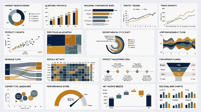 Premium Business Data Dashboard Version 2 &mdash; Market Segmentation Revenue Flow Conversion Funnel Performance Score and Regional Charts
