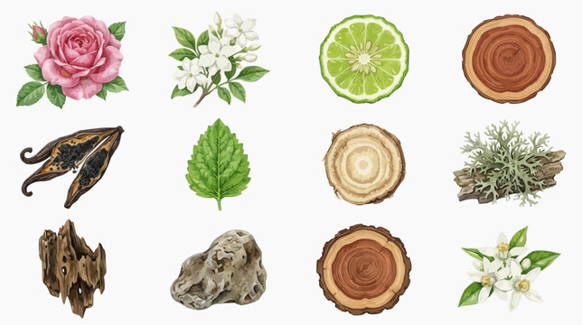 Perfumery Ingredients Watercolor Illustration &mdash; Rose Jasmine Bergamot Sandalwood Vanilla Oak Moss Amber and Orange Blossom