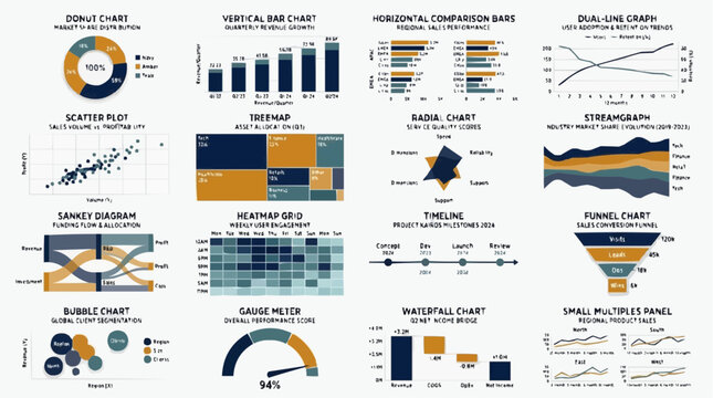 Premium Data Visualization Dashboard &mdash; Donut Bar Scatter Treemap Heatmap Sankey Funnel Gauge Waterfall and More Chart Types