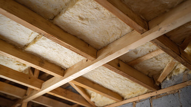 Wooden roof beams with fiber insulation material create a textured ceiling, showcasing energy efficiency and construction components