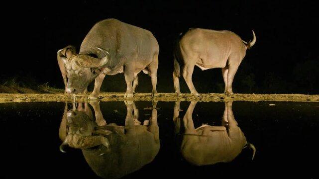 Close up footage of afrcian buffaloes (Syncerus caffer) drinking water at night.