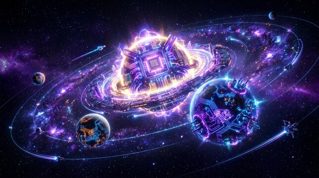 Cosmic AI Microchip Processor as Center of Galaxy with Planets Orbiting and Purple Nebula Energy