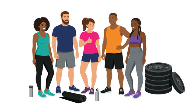 A diverse group of five people in colorful workout clothes stand together with gym equipment, smiling and looking accomplished after a fitness session.