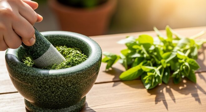 Hand crushing fresh basil herbs in a granite mortar and pestle on a wooden table