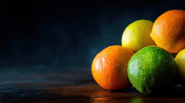 A vibrant assortment of fresh citrus fruits including oranges, lemons, and a lime arranged on a dark surface with dramatic lighting and a deep blue background