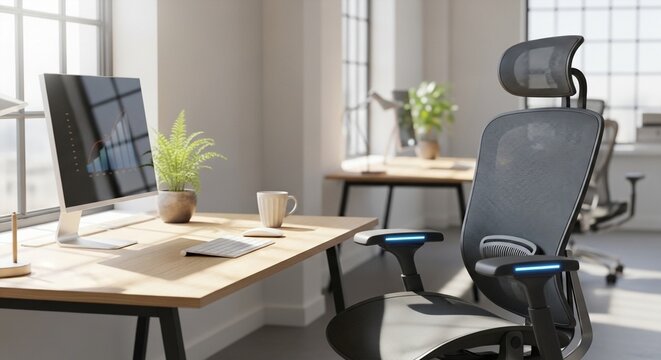 Modern ergonomic office chair with glowing blue lights and desk with computer and plant