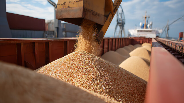 Bulk Grain Cargo Loading into a Large Ship Hold by Conveyor Belt, Port Terminal Operation for Agricultural Product Export or Import, Maritime Transportation