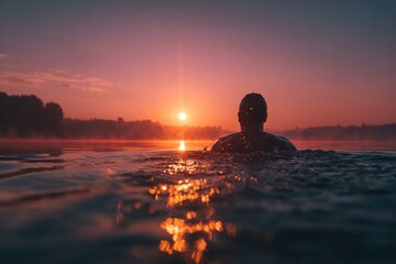 Fototapeta premium Swimmer at Sunset: Tranquil Waterscape with Golden Light
