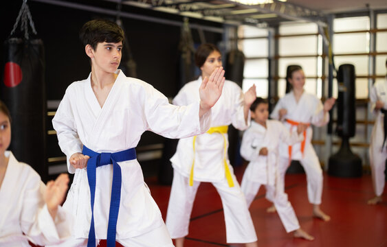 Group of boys and girls in kimonos train karate techniques in studio