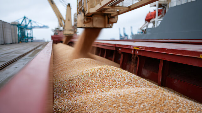 Close-up of golden grain cascade into cargo ship hold, large vessel filling with precious bulk commodity at industrial port facility, food supply export