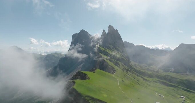 Clouds at Seceda mountains in the Dolomites, Italy