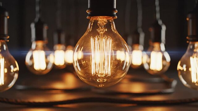 Glowing Vintage Edison Light Bulbs Hanging In Dark Industrial Space With Warm Amber Illumination Cinematic 3d Render
