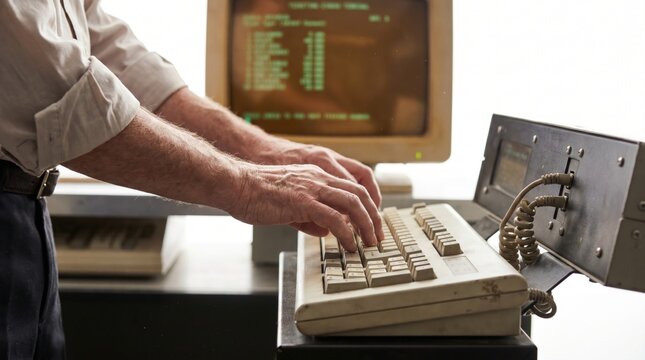 Older person hands typing on a mechanical keyboard of a vintage computer terminal
